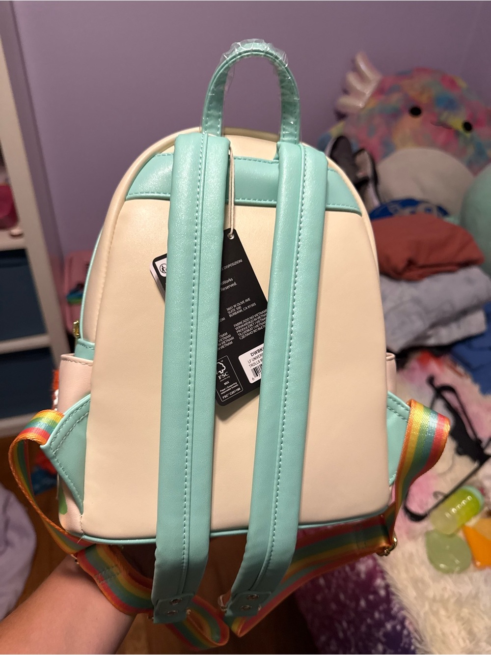 Loungefly Pastel Rainbow Trolls Mini Backpack with Green & Yellow Hair - Picture 4 of 5